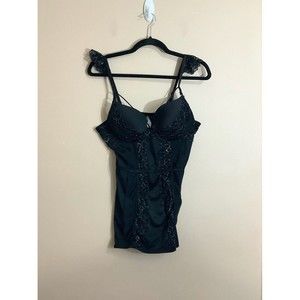 Womens Corset Top Size XL Black Silver Lace Metallic Shimmer Strappy Stretch